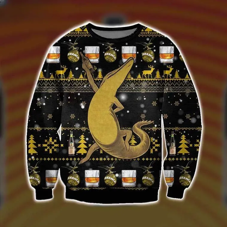 Fernet-Branca Beer Crocodile with Bottle Ugly Christmas Sweater, Drinking Liquor Holiday Sweater, Unisex All Over Print Xmas Sweatshirt