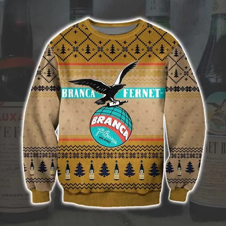 Fernet-Branca Italian Amaro Ugly Christmas Sweater, Liquor Lover Bartender Party Holiday Sweater, Unisex All Over Print Xmas Sweatshirt