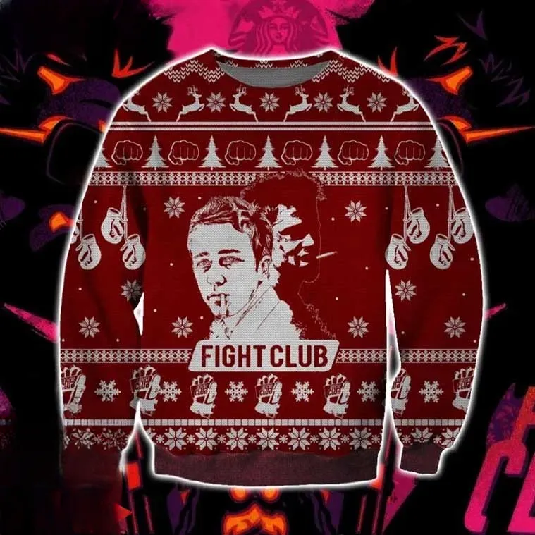 Fight Club Movie Ugly Christmas Sweater, Tyler Durden and the Narrator Cult Film Holiday Sweater, Unisex All Over Print Xmas Sweatshirt