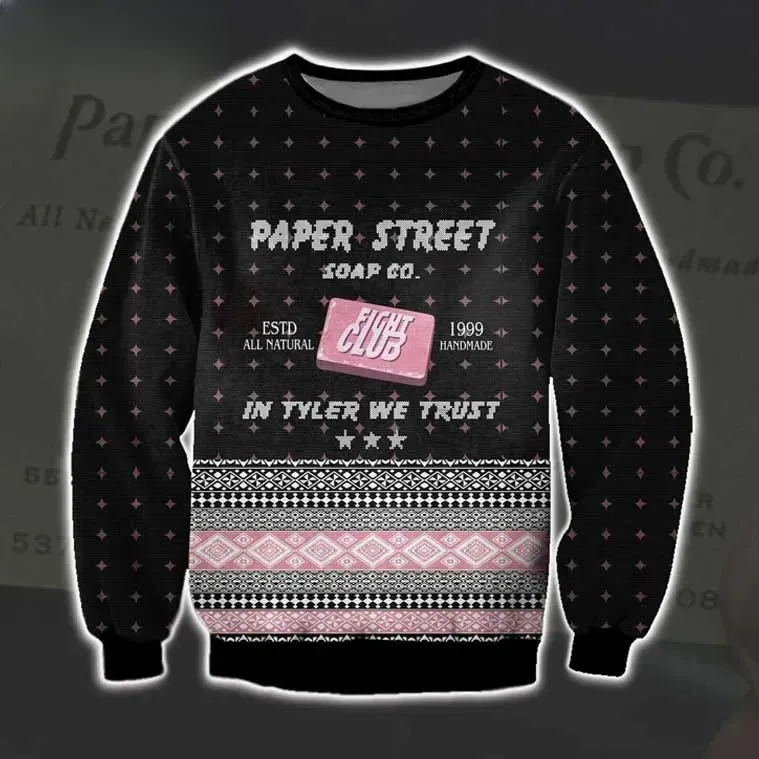 Fight Club Paper Street Soap Co Ugly Christmas Sweater, In Tyler We Trust Movie Holiday Sweater, Unisex All Over Print Xmas Sweatshirt