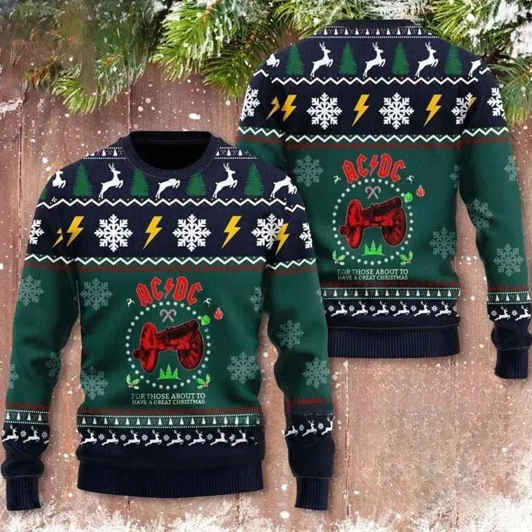 ACDC For Those About To Have A Great Christmas Ugly Sweater, AC/DC Rock Band Holiday Sweater, Unisex All Over Print Xmas Sweatshirt