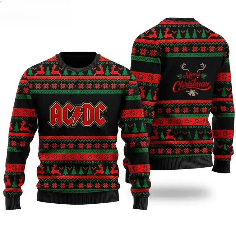 AC/DC Merry Christmas Ugly Sweater, ACDC Rock Music Band Holiday Sweater with Reindeer and Pine Trees, Unisex Xmas Sweatshirt