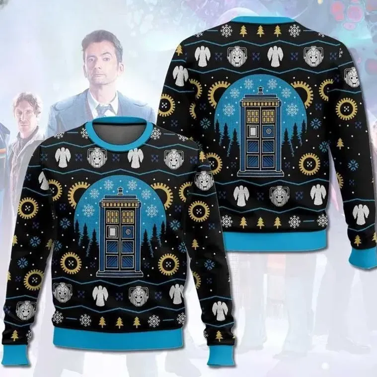 Doctor Who Tardis Police Box Christmas Ugly Sweater, Whovian Holiday Sweater with Cybermen and Weeping Angels, Unisex Xmas Sweatshirt