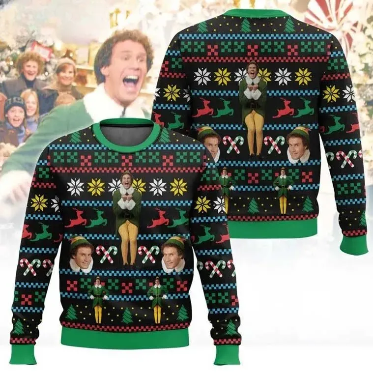 Buddy Elf Funny Christmas Ugly Sweater, Xmas Comedy Film Holiday Sweater with Candy Canes and Reindeer, Unisex All Over Print Sweatshirt