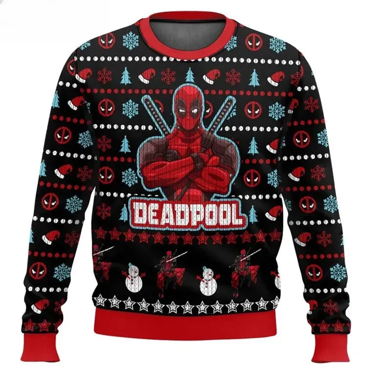 Deadpool Ugly Christmas Sweater, Superhero Antihero Holiday Sweater with Santa Hats and Snowmen, Unisex All Over Print Xmas Sweatshirt