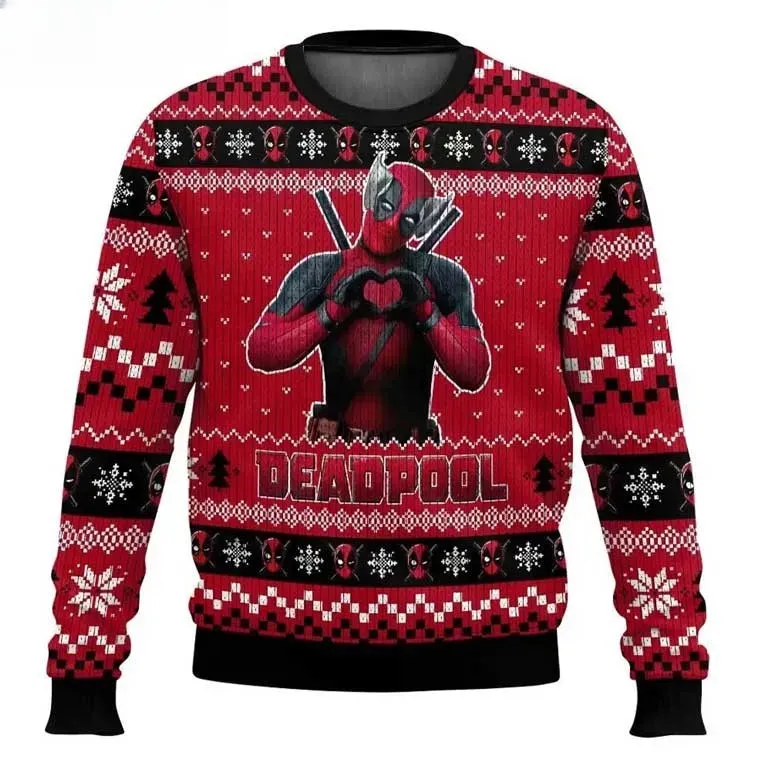 Deadpool Funny Superhero Christmas Ugly Sweater, Heart Hands Antihero Marvel Holiday Sweater, Unisex All Over Print Xmas Sweatshirt