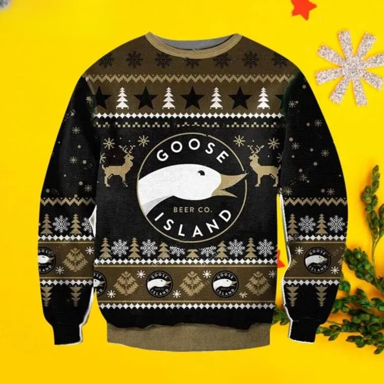 Goose Island Beer Co Ugly Christmas Sweater, Craft Brew Lover Brewery Holiday Sweater, Unisex All Over Print Xmas Sweatshirt