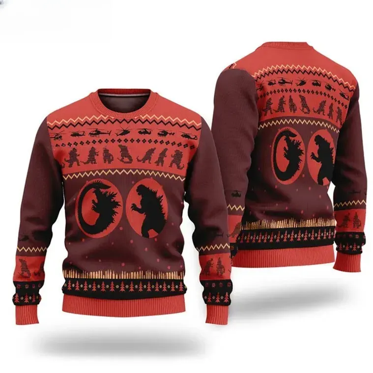 Godzilla Ugly Christmas Sweater, Kaiju Silhouette Movie Monster Holiday Sweater, Unisex All Over Print Xmas Sweatshirt