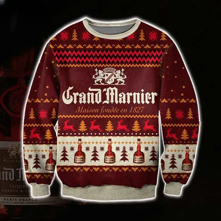 Grand Marnier Wine Ugly Christmas Sweater, Maison Fondée en 1827 Liqueur Holiday Sweater, Burgundy Cocktail Lover Xmas Jumper