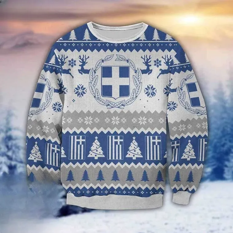 Greece Emblem Ugly Christmas Sweater, Greek Coat of Arms and Flag Holiday Sweater, Blue and White Hellenic Pride Xmas Jumper