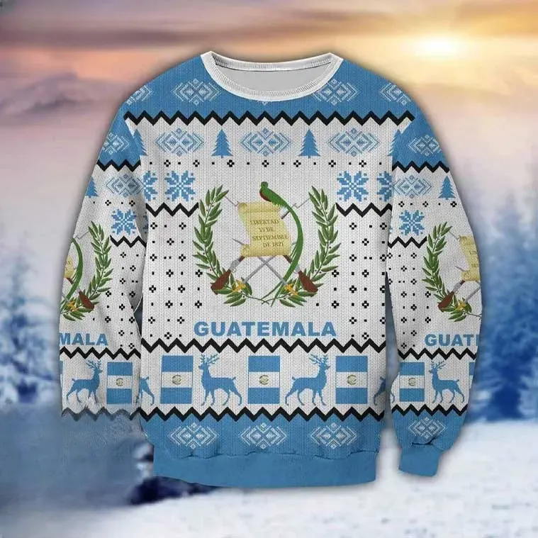 Guatemala Ugly Christmas Sweater, Guatemalan Coat of Arms with Quetzal Holiday Sweater, Light Blue and White Flag Proud Chapin Xmas Jumper