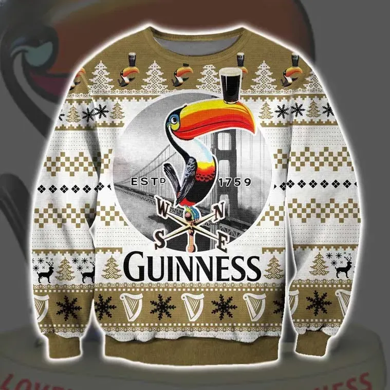 Guinness Beer 1759 Toucan Ugly Christmas Sweater, Irish Stout Holiday Sweater with Harp and Reindeer, Pub Lover Party Xmas Jumper