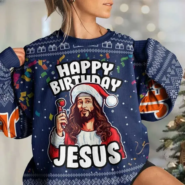Happy Birthday Jesus Ugly Christmas Sweater, Santa Hat Christian Holiday Sweater, Navy Blue Faith Xmas Jumper, Funny Church Party Sweater