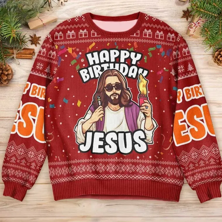 Go Jesus It's Your Birthday Christian Ugly Christmas Sweater, Cool Savior in Sunglasses Holiday Sweater, Funny Red Faith Party Xmas Jumper