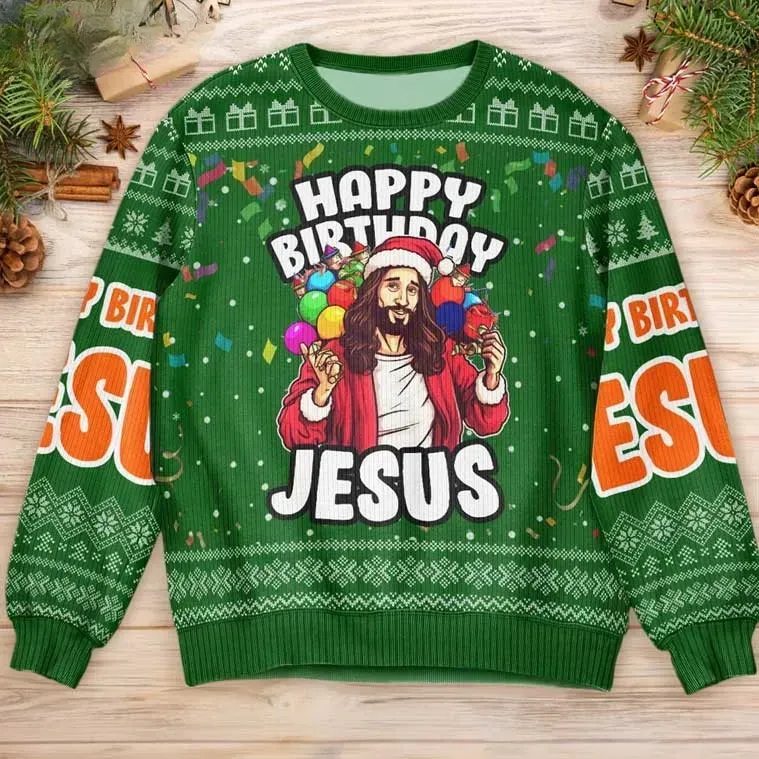 Happy Birthday Jesus Christian Christmas Ugly Sweater, Santa Hat Savior with Balloons Holiday Sweater, Green Faith Church Party Xmas Jumper