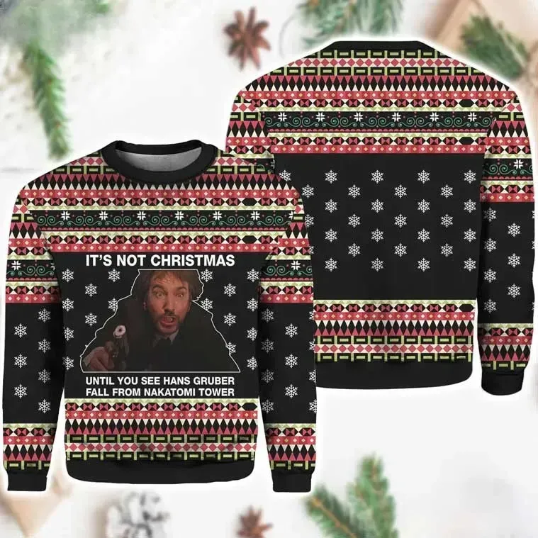 Hans Gruber Fall Nakatomi Plaza Die Hard Christmas Ugly Sweater, Funny Action Movie Quote Holiday Sweater, Black Snowflake Xmas Jumper