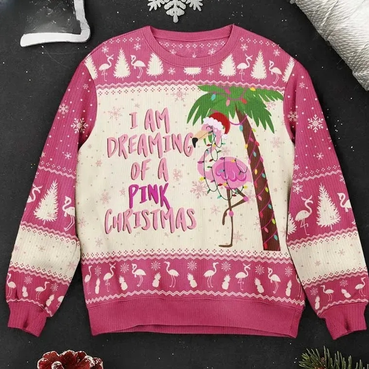 Flamingo I Am Dreaming Of A Pink Christmas Ugly Sweater, Palm Tree and Santa Hat Holiday Sweater, Tropical Flamingo Xmas Jumper