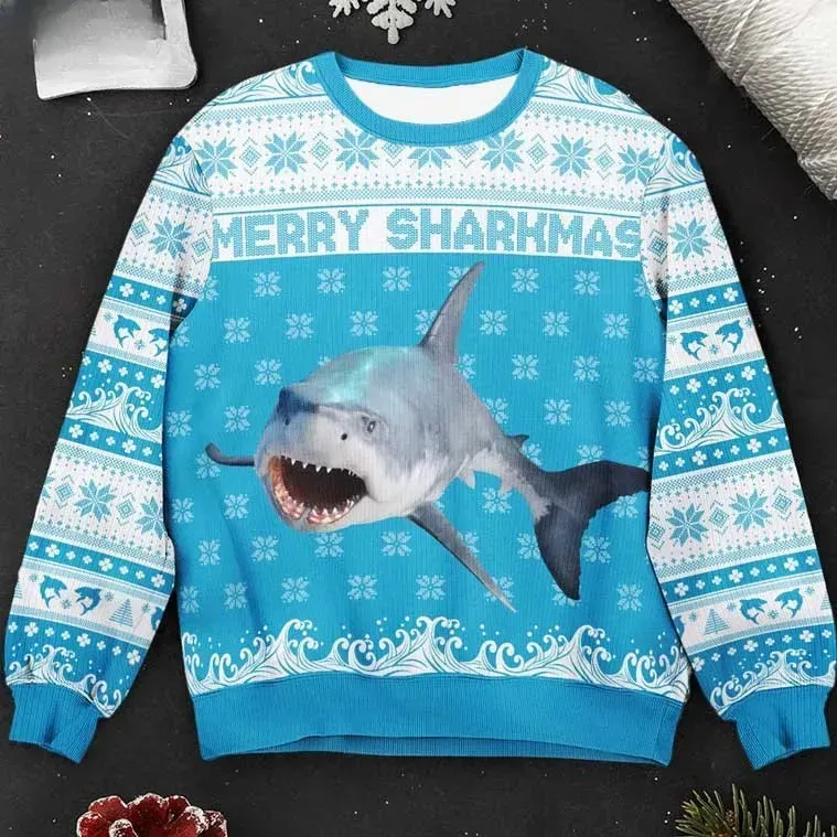 Merry Sharkmas Shark Lover Ugly Christmas Sweater, Great White Shark Holiday Sweater, Funny Light Blue Ocean Wave Beach Xmas Jumper