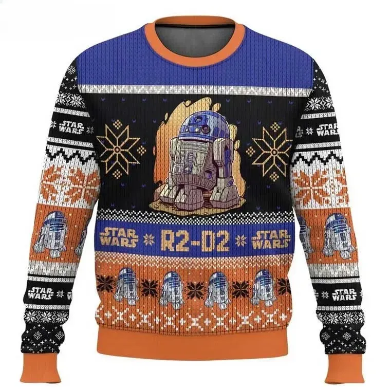 R2-D2 Robot Star Wars Ugly Christmas Sweater, Astromech Droid Fair Isle Holiday Sweater, Blue Orange and Black Sci-Fi Xmas Jumper