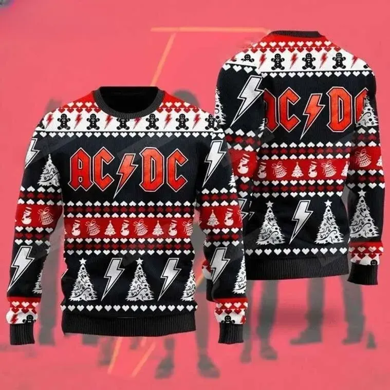 AC/DC Lightning Bolt Rock N Roll Band Christmas Ugly Sweater, ACDC Rock Music Holiday Sweater, Black Red and White Xmas Jumper
