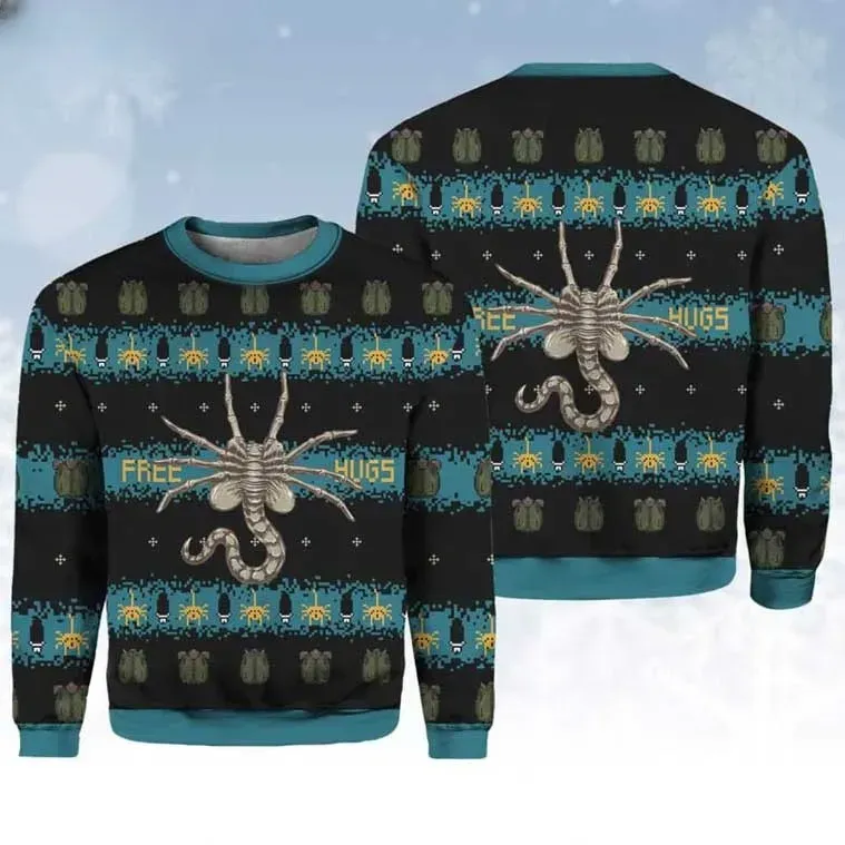 Alien Facehugger Free Hugs Ugly Christmas Sweater, Xenomorph Egg Pattern Sci-Fi Horror Movie Holiday Sweater, Funny Xmas Jumper