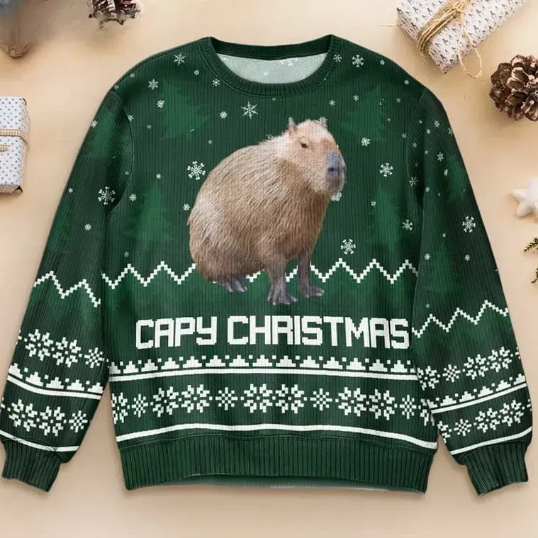Capybara Capy Christmas Ugly Sweater, Realistic Wildlife Capybara Lover Holiday Sweater, Green Snowflake Xmas Jumper, Cozy Winter Sweater