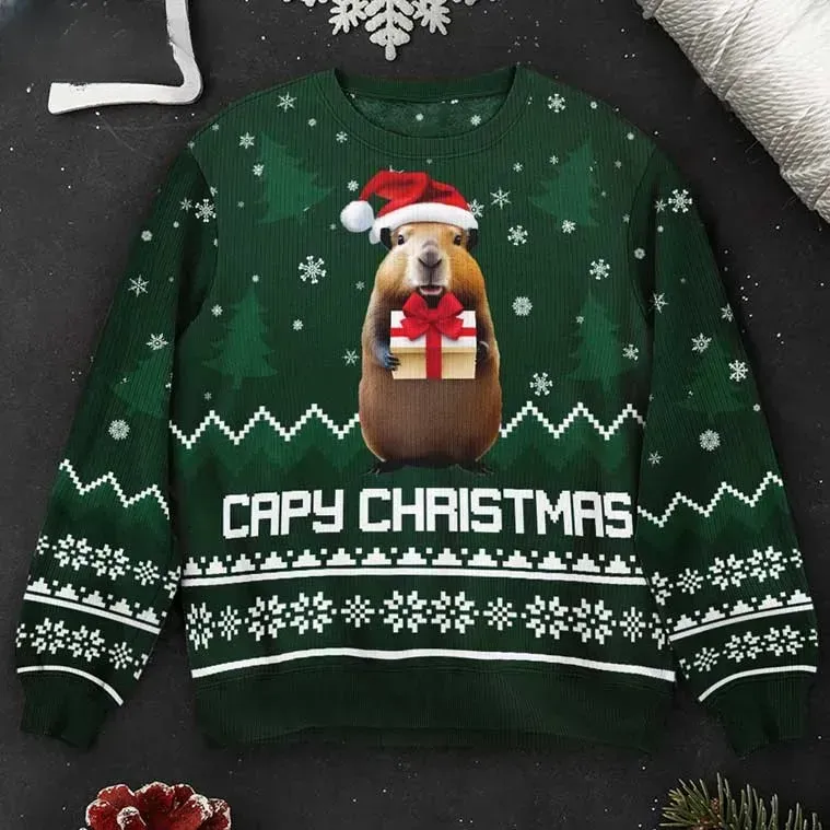 Capybara Capy Christmas Animals Ugly Sweater, Santa Hat Critter Holding A Wrapped Box Holiday Sweater, Cute Green Knit Look Xmas Jumper
