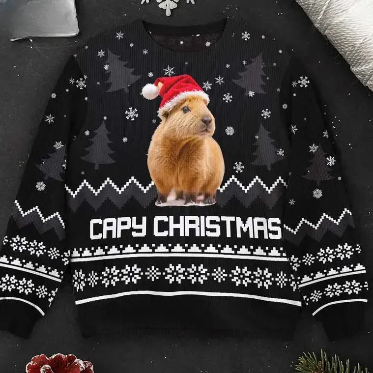 Capy Christmas Capybara Lover Ugly Sweater, Black Holiday Sweater with Santa Hat Critter, Funny Animal Cozy Xmas Party Jumper