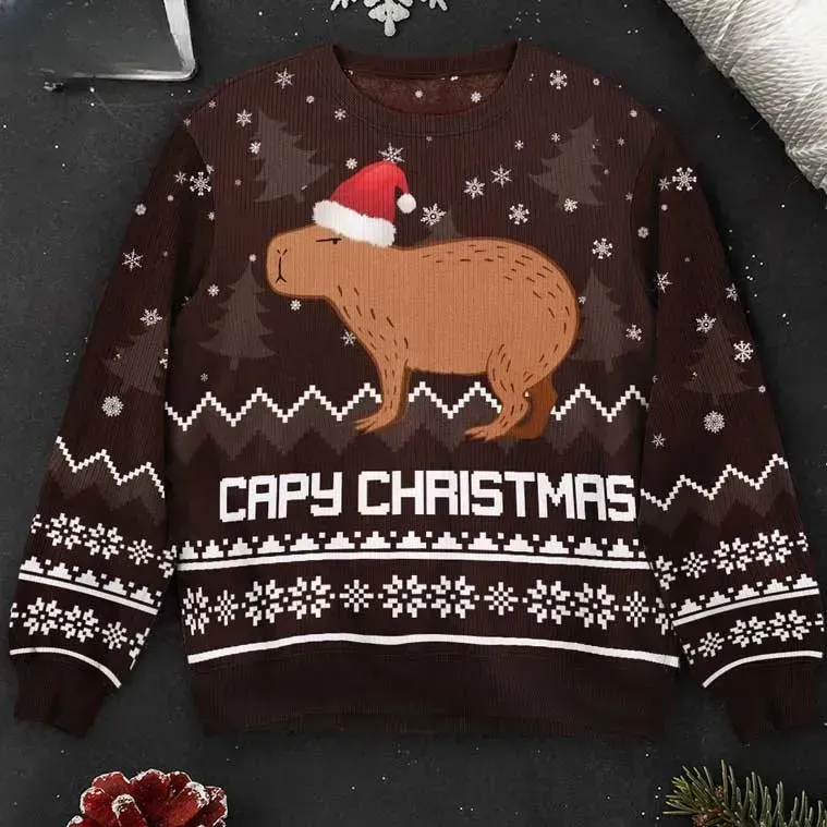 Capy Christmas Capybara Ugly Sweater, Grumpy Face in Santa Hat Holiday Sweater, Brown Knit Look Animal Lover Xmas Jumper, Unisex