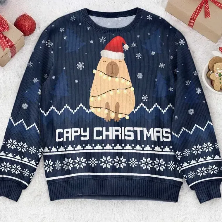 Capybara Capy Christmas Lights Ugly Sweater, Sleepy Santa Hat Critter Holiday Sweater, Navy Blue Animal Lover Xmas Jumper, Unisex