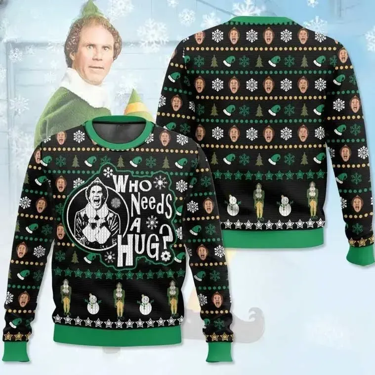 Buddy Elf Who Needs A Hug Ugly Christmas Sweater, Funny Comedy Movie Holiday Sweater, Cute Black and Green North Pole Xmas Jumper