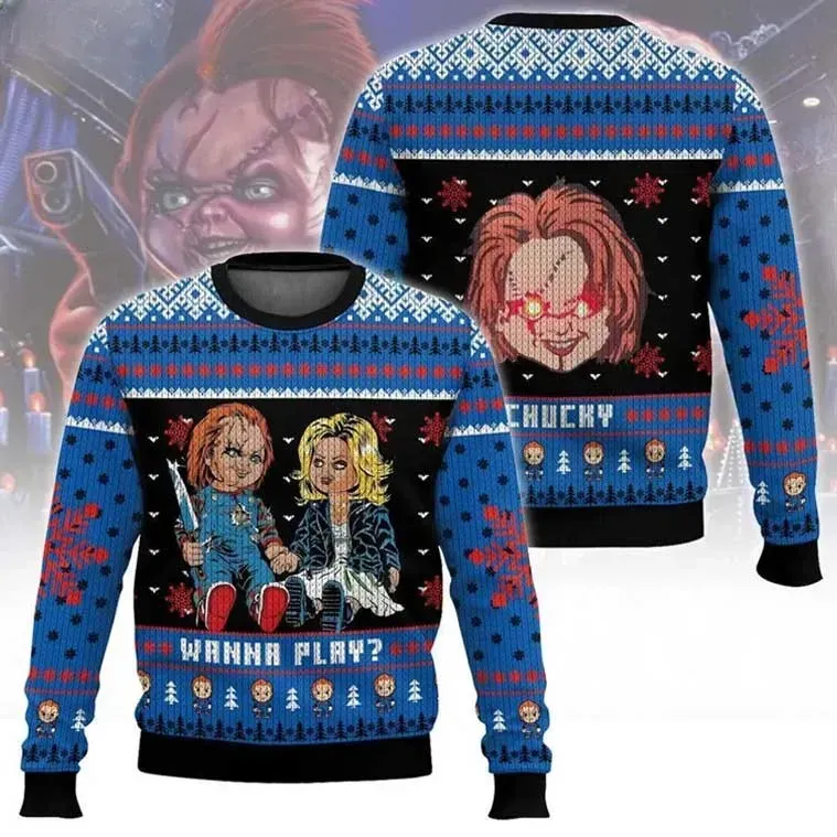 Chucky And Tiffany Child's Play Ugly Christmas Sweater, Creepy Doll Horror Movie Holiday Sweater, Blue Knit Slasher Film Xmas Jumper