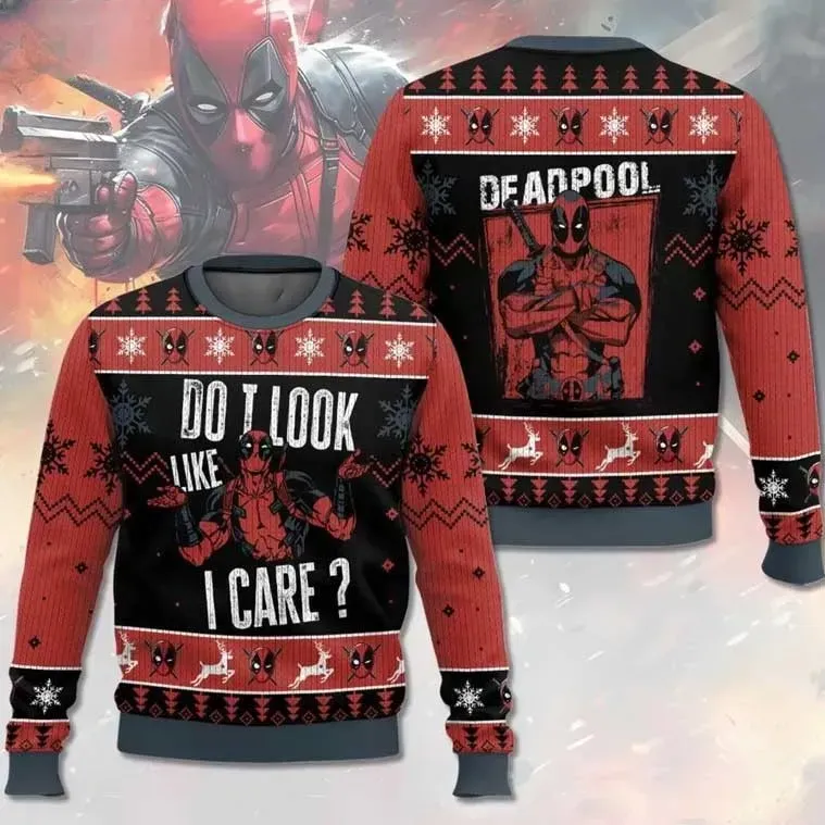 Deadpool Do I Look Like I Care Christmas Ugly Sweater, Funny Marvel Antihero Holiday Sweater, Red and Black Comic Book Xmas Jumper