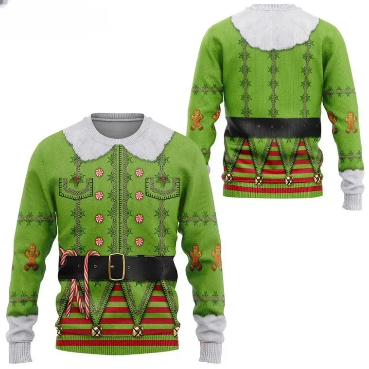 Elf Holiday Costume Ugly Christmas Sweater, Buddy Green Elf Suit with Belt and Candy Canes, Funny Unisex Xmas Party Sweatshirt