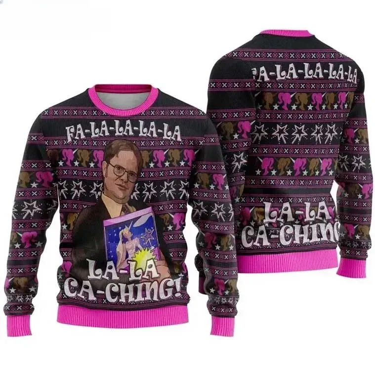 Funny Dwight Schrute The Office Christmas Ugly Sweater, La-La Ca-Ching Princess Unicorn Doll Holiday Sweater, Unisex Xmas Sweatshirt