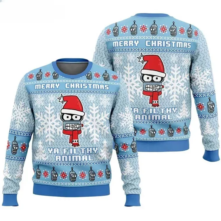 Futurama Bender Ya Filthy Animal Ugly Christmas Sweater, Merry Robot Santa Hat Holiday Sweater, Unisex Cartoon Xmas Sweatshirt