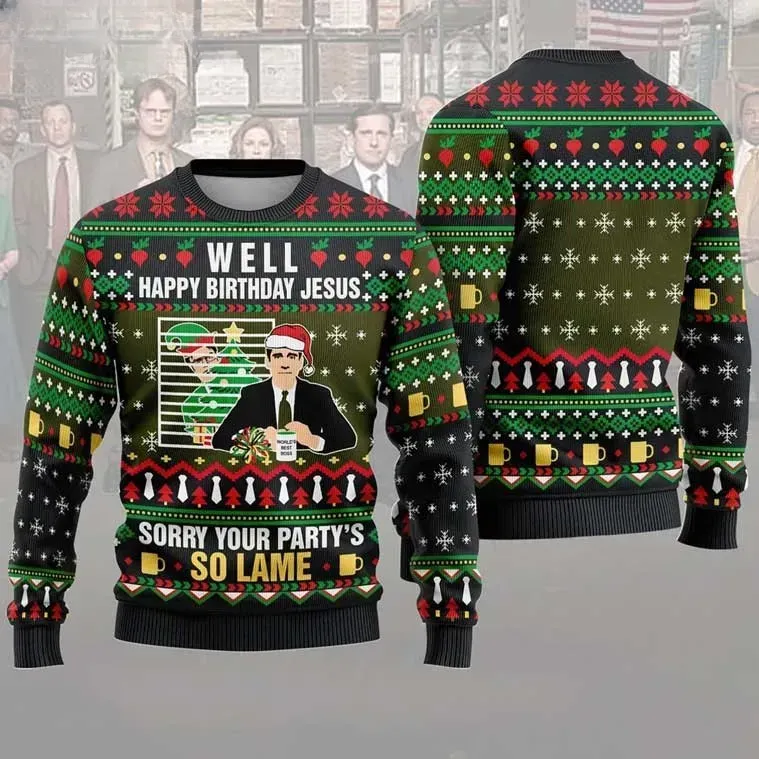 Michael Scott The Office Your Party Is So Lame Ugly Christmas Sweater, Happy Birthday Jesus Holiday Sweater, Unisex Dunder Mifflin Xmas Sweater