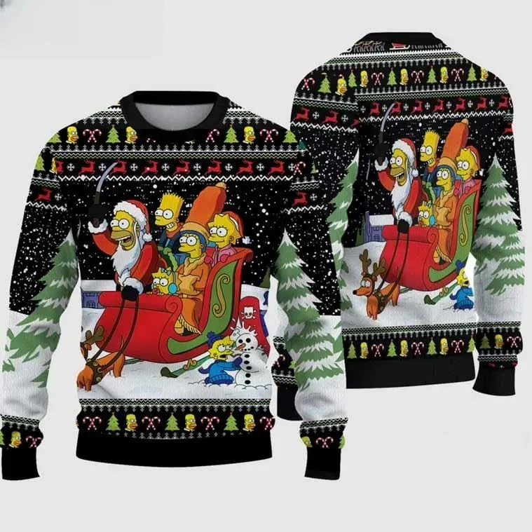 Simpsons Family Christmas Ugly Sweater, Homer Santa Sleigh Ride with Bart Marge Lisa Maggie Holiday Sweater, Unisex Cartoon Xmas Sweater