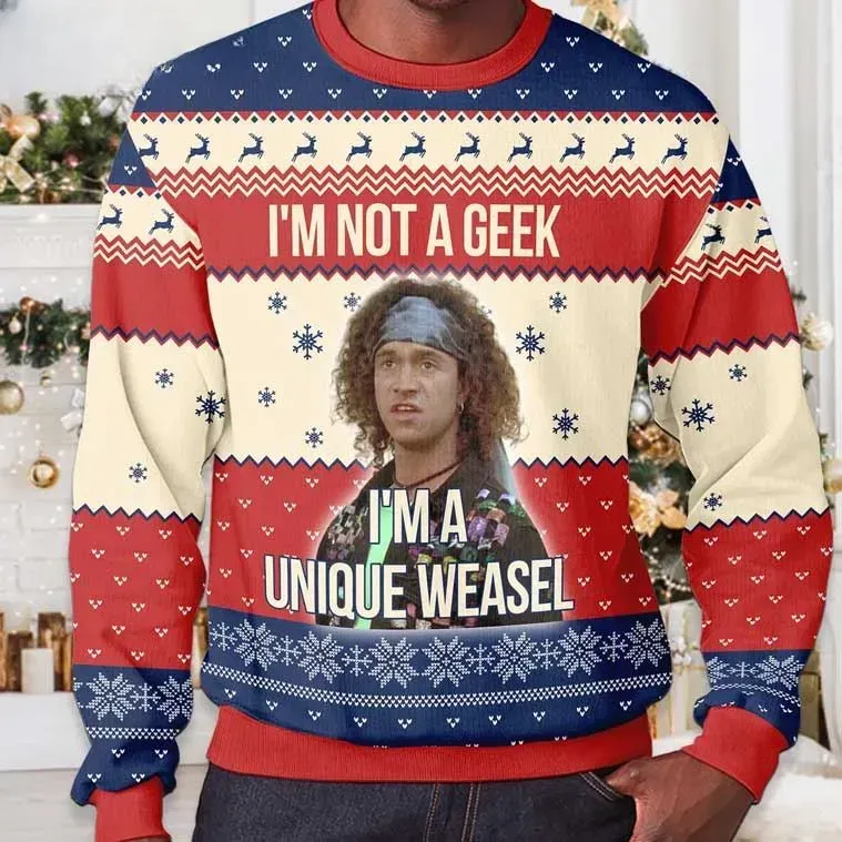 Stoney Brown Encino Man I'm Not A Geek I'm A Unique Weasel Ugly Sweater, Pauly Shore 90s Comedy Movie Christmas Sweater, Unisex