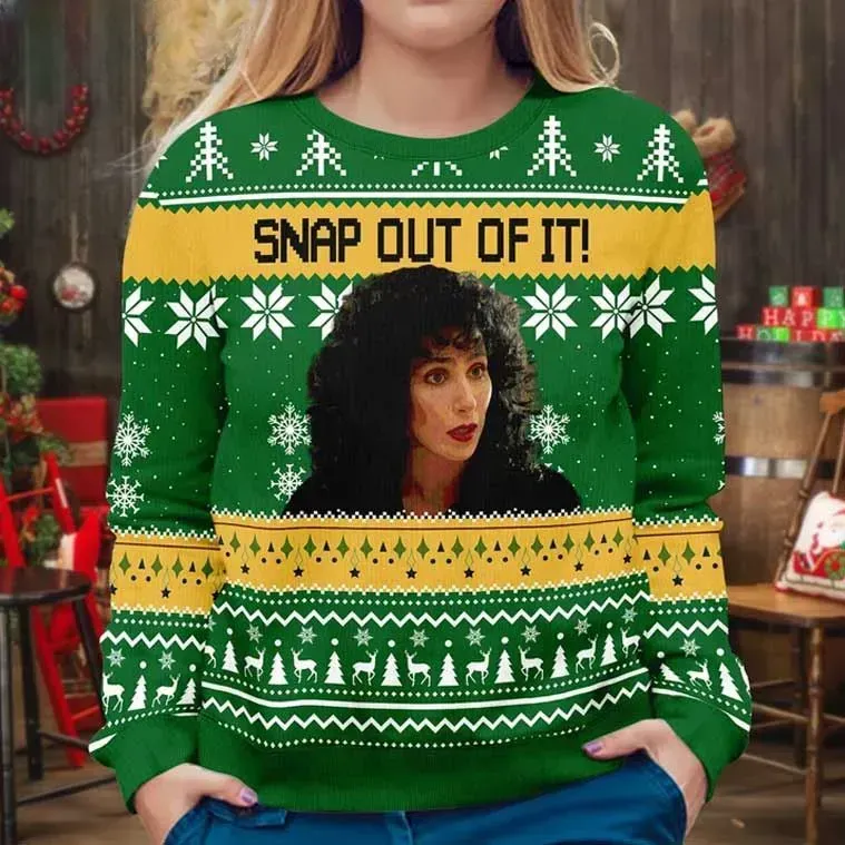 Loretta Castorini Moonstruck Snap Out Of It Christmas Ugly Sweater, Cher Movie Quote Holiday Sweater, Unisex Film Lover Xmas Sweatshirt