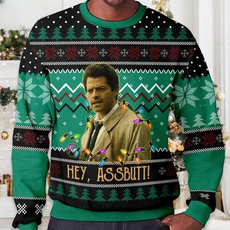 Supernatural Misha Collins Hey Assbutt Christmas Ugly Sweater, Castiel Trench Coat Holiday Lights Sweater, Unisex TV Show Xmas Sweater