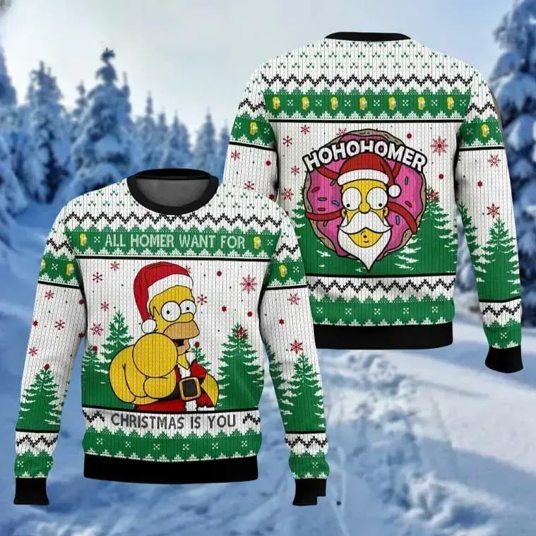 Homer Simpson All Homer Want For Christmas Is You Ugly Sweater, The Simpsons Hohohomer Donut Holiday Sweater, Unisex Xmas Sweater