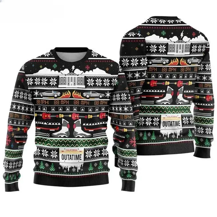 Back To The Future Ugly Christmas Sweater, Outatime DeLorean Hill Valley Clock Tower Holiday Sweater, Unisex 80s Movie Xmas Sweatshirt