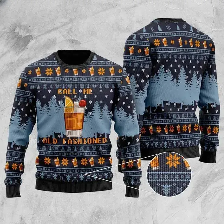 Whiskey Call Me Old Fashioned Ugly Christmas Sweater, Funny Cocktail Lover Holiday Sweater, Bourbon Drinker Xmas Party Sweatshirt, Unisex