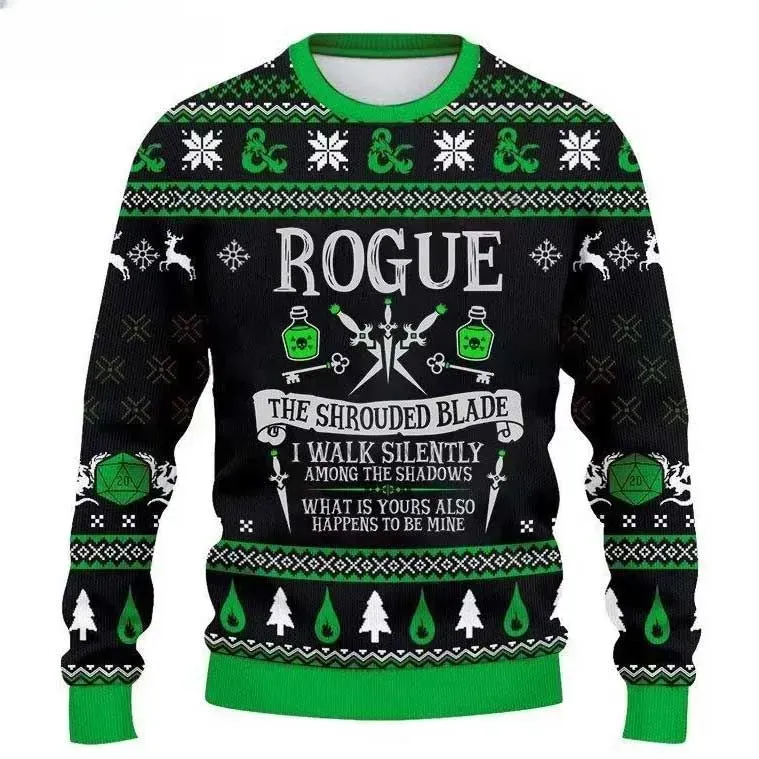 Rogue DnD Gamer Green Christmas Ugly Sweater, Dungeons and Dragons Roleplaying Holiday Sweater, Unisex Xmas Sweatshirt for D20 Players