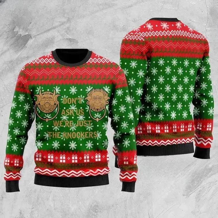 Labyrinth Don't Ask Us We're Just The Knockers Ugly Christmas Sweater, Funny Door Knocker Holiday Sweater, Unisex 80s Movie Xmas Sweater
