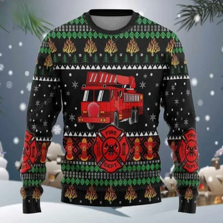 Firefighter Truck Ugly Christmas Sweater, Red Engine and Fire Dept Badge Holiday Sweater, Unisex Xmas Sweatshirt for Firemen and Rescuers