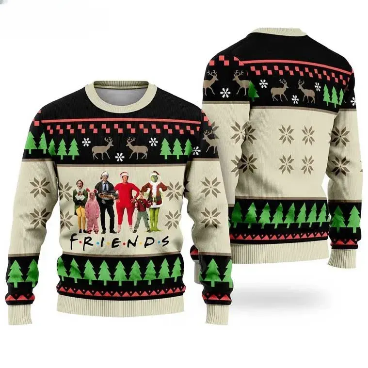 Funny Friends Christmas Movies Ugly Christmas Sweater, Holiday Film Characters Parody Sweater, Unisex Xmas Sweatshirt for Movie Buffs