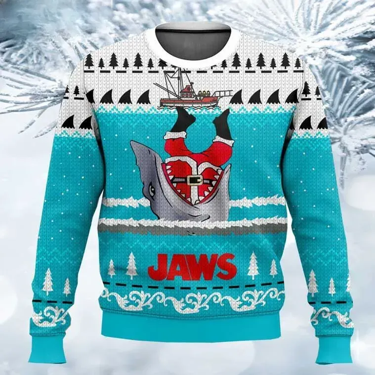 Jaws Shark Ugly Christmas Sweater, Funny Santa Shark Attack Holiday Sweater, Orca Boat Movie Xmas Sweatshirt, Unisex All Over Print