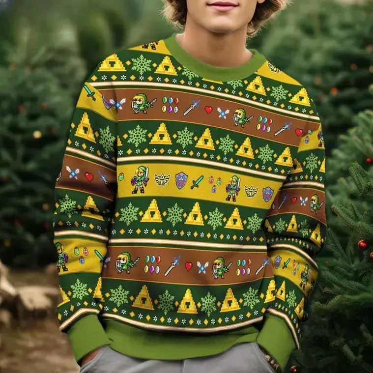 Legend Of Zelda Link Ugly Christmas Sweater, Triforce Hyrule Pixel Holiday Sweater, Nintendo Gamer Xmas Jumper, Unisex All Over Print